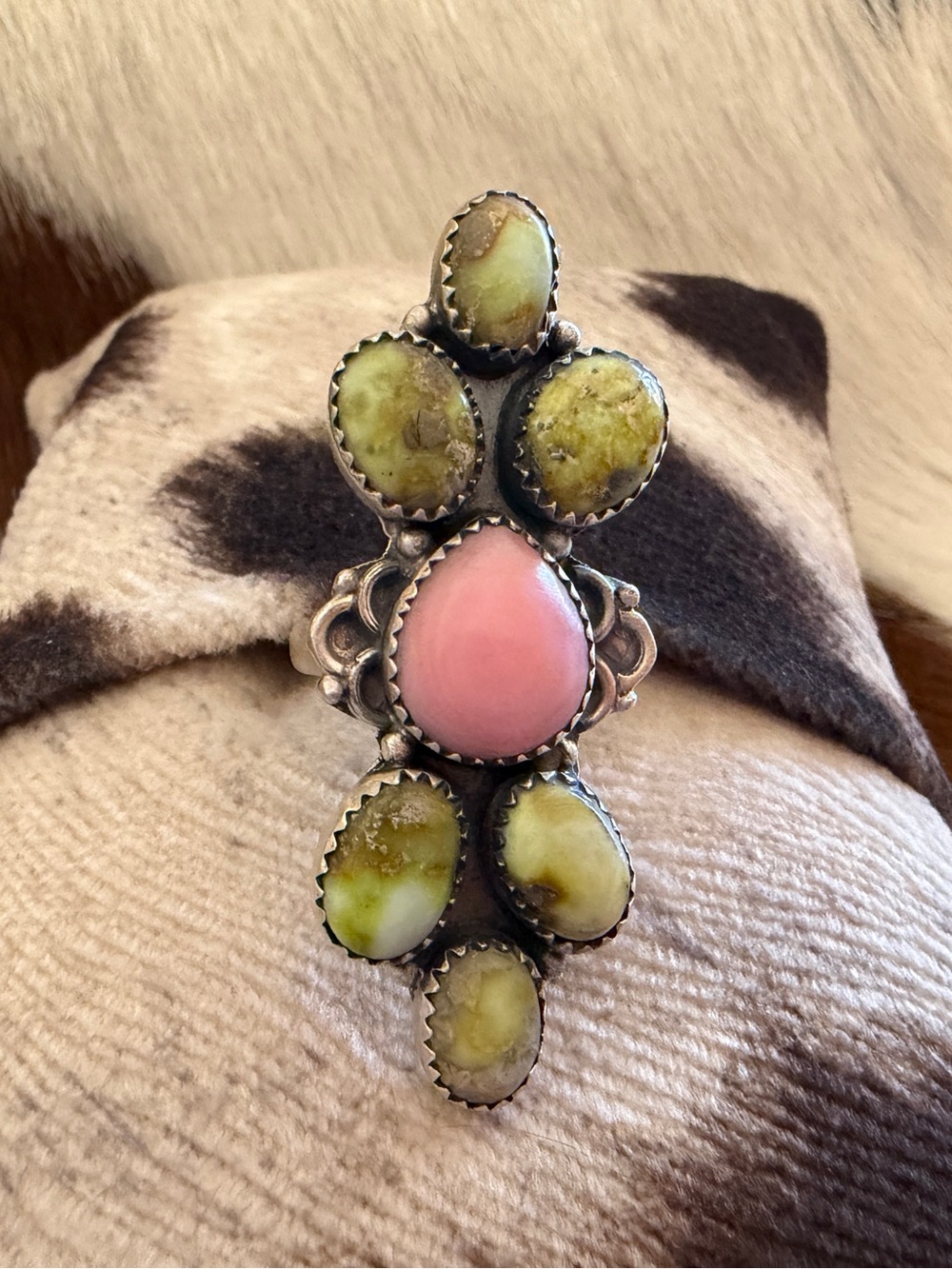 ❤️ Queen Pink Conch Palomino Variscite 925 Navajo Style Crawler Adjustable Ring